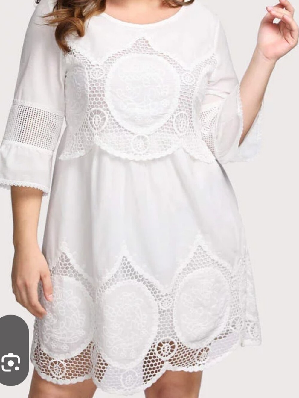 Simpleflavor White Crochet Lace Trim Bell Sleeve Women’s Mini Dress Size L